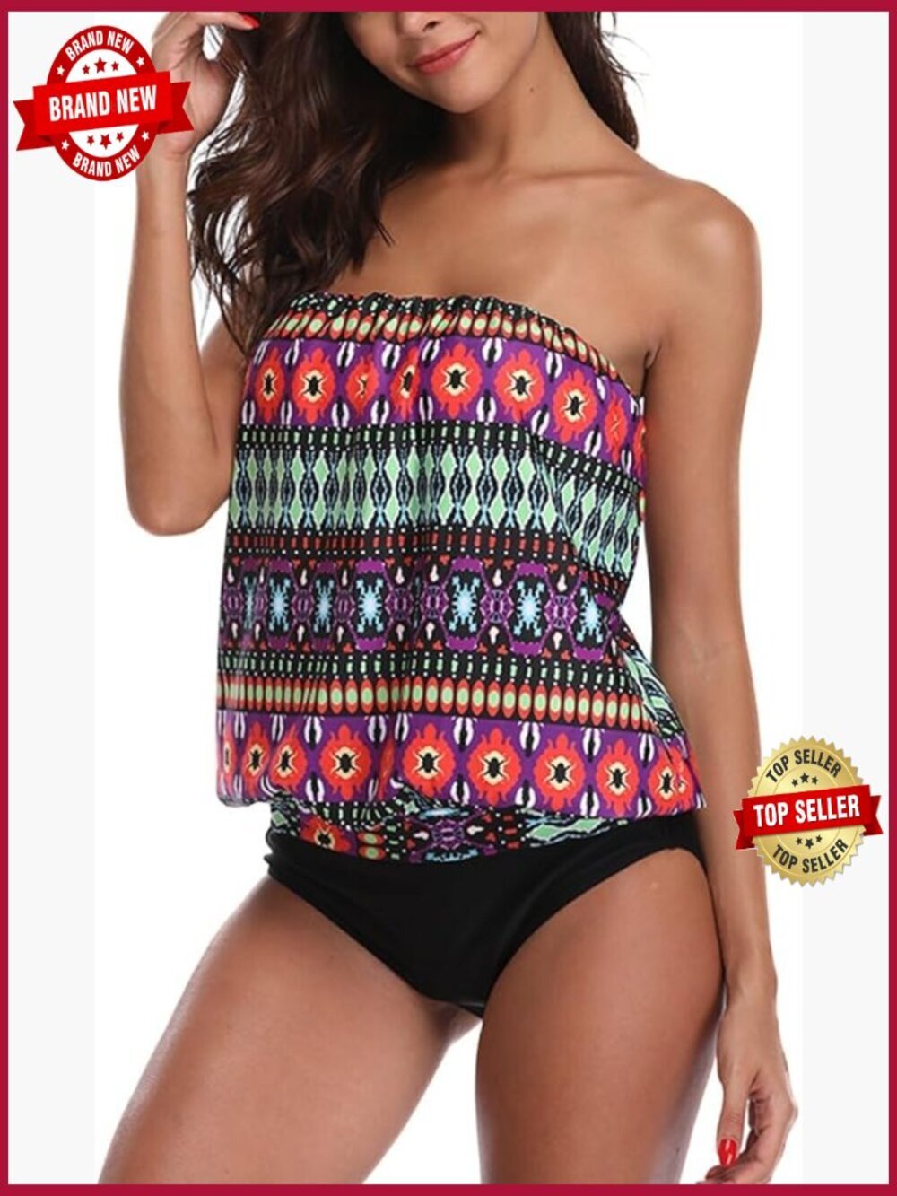 Women Loose Blouson Bandeau Tankini with Tummy Control